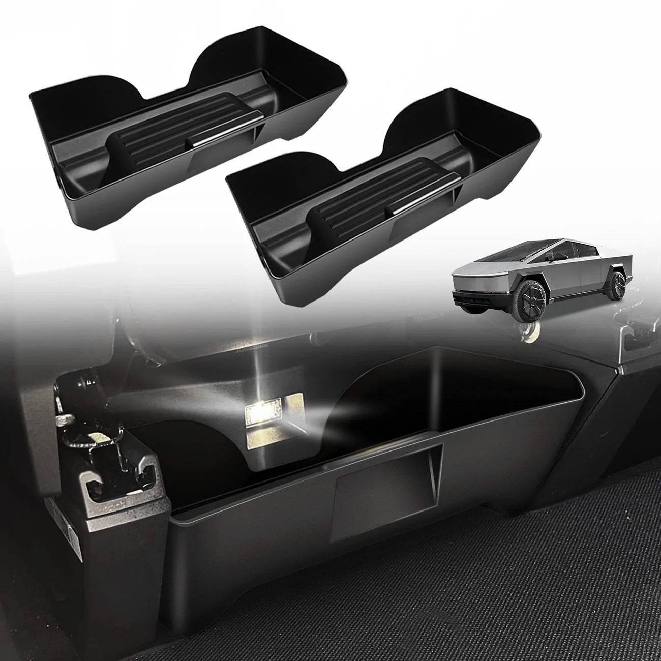 thumbnail interactive-video image 1 of Under Seat Storage Boxes For Tesla Cybertruck 2024+ - Set Of 2 Hidden Organizer Trays 1 of 9