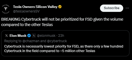 Tesla Cybertruck "Cybertruck is necessarily lowest priority for FSD..." - Elon Musk (12/30/23) 1704040433117