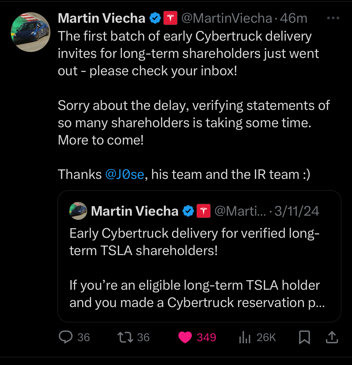 Tesla Cybertruck Early delivery of Foundation Series Cybertruck now available to long-term verified TSLA shareholder! 1714178186488-6j