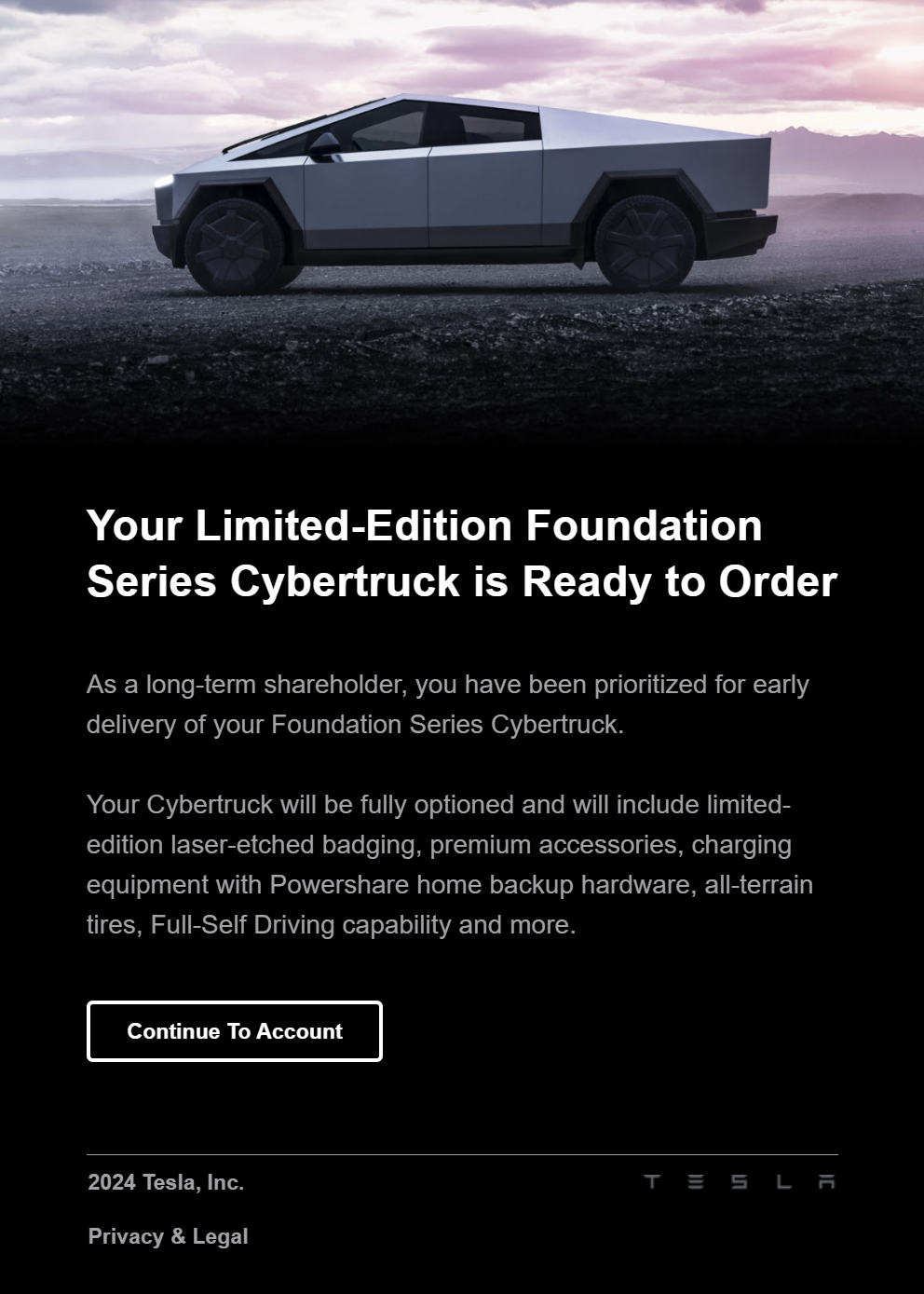 Tesla Cybertruck Early Delivery for long-term shareholders - eligibility confirmation emails now arriving! Get yours?! 📬 1715384651022-7w