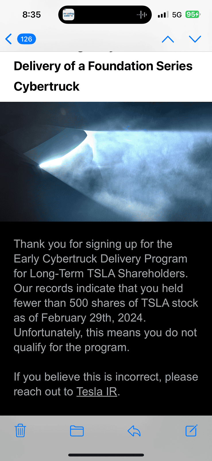 Tesla Cybertruck Long-term shareholders Early Delivery- eligibility email IMG_4687