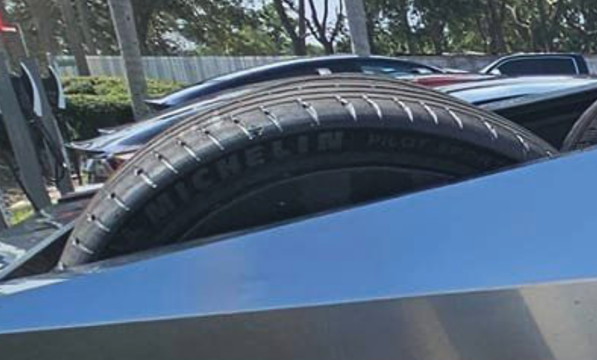 Tesla Cybertruck Cybertruck spotted carrying 8 tires in bed! @ Tesla Store in Merritt Island, FL Screenshot 2023-10-03 at 5.26.58 PM