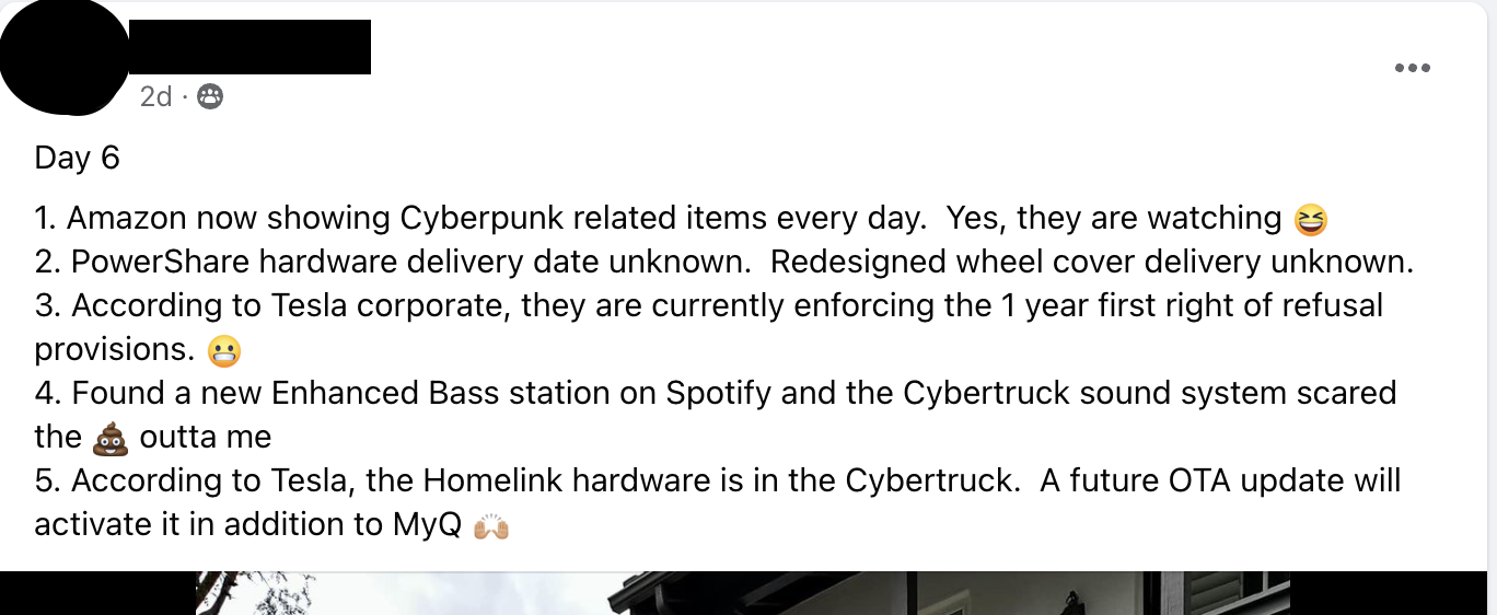 Tesla Cybertruck Rumor: Homelink to be activated in future OTA software update (found on Facebook post) Screenshot 2024-03-09 at 1.05.37 PM
