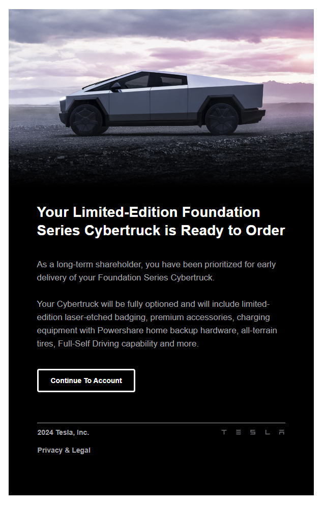 Tesla Cybertruck Early delivery of Foundation Series Cybertruck now available to long-term verified TSLA shareholder! Screenshot (944)