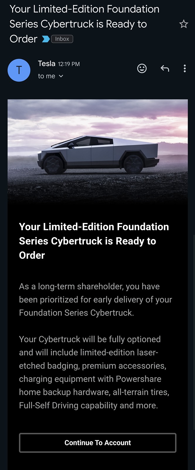 Tesla Cybertruck New Round of Order Invites Being Sent, Including to Long-Term Shareholders - 5/7/24 Screenshot_20240507_125008_Gmail