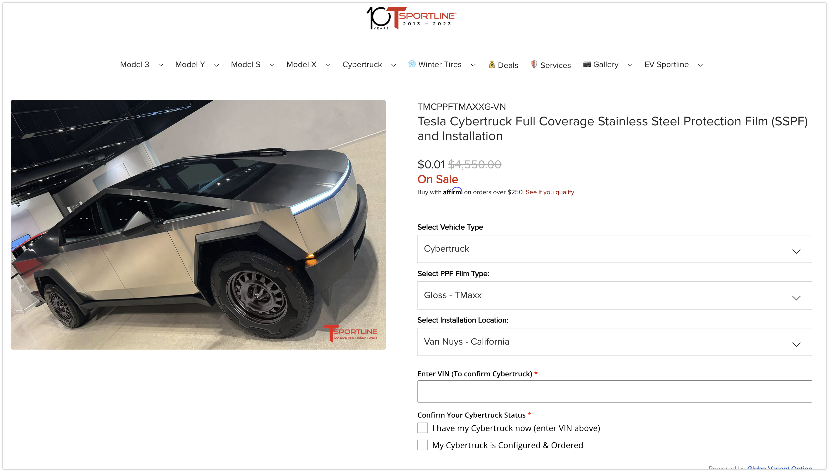 Tesla Cybertruck Tsportline .01 cent price PPF, .01 cent price Vinyl  Wraps to First Customer Only Tesla Full Coverage Paint Protection Film (SSPF : PPF) and Installation - T Sportline - Tesla 