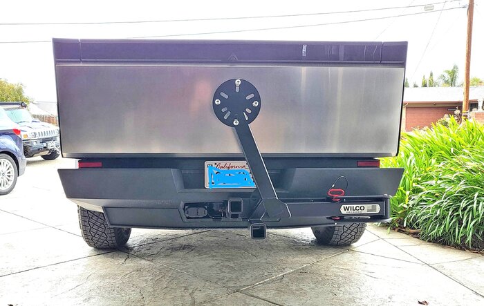 First Cybertruck Swing Arm Spare Tire Carrier (by Wilco Offroad)!!