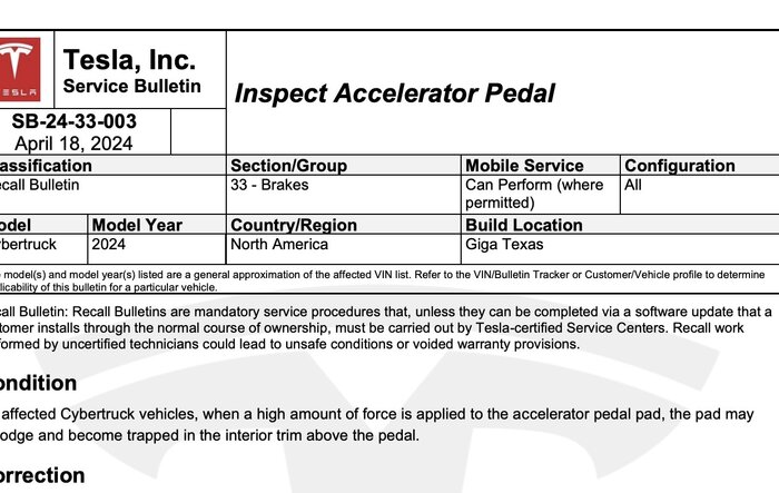 Official Service Bulletin - “Inspect Accelerator Pedal” (instructions for Service Center fix)