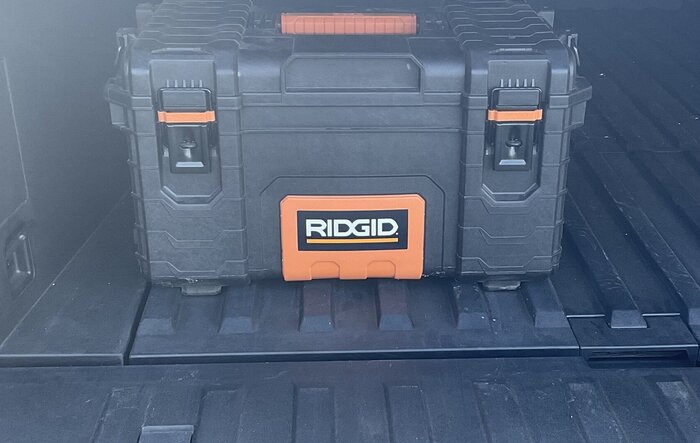 Ridgid toolbox slides right into bed floor grooves