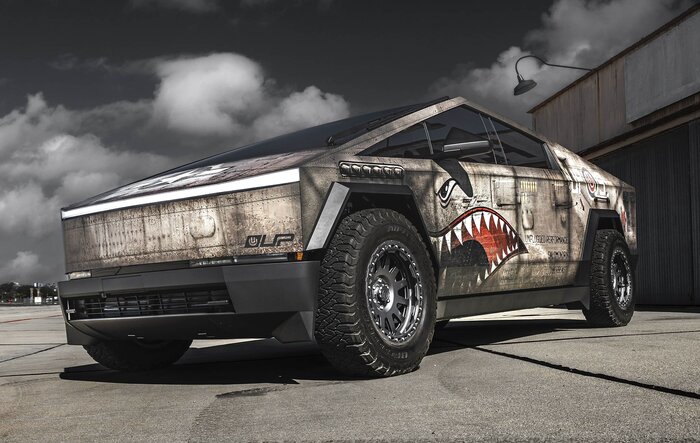 Shark Mouth P-51 Mustang Bomber custom wrap & modified Cybertruck (CyberBeast) by Unplugged Performance 🫡