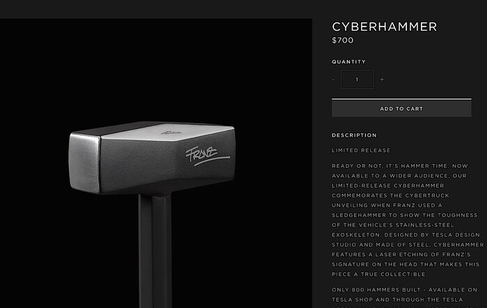 Cyberhammer available for purchase in Tesla Shop for $700